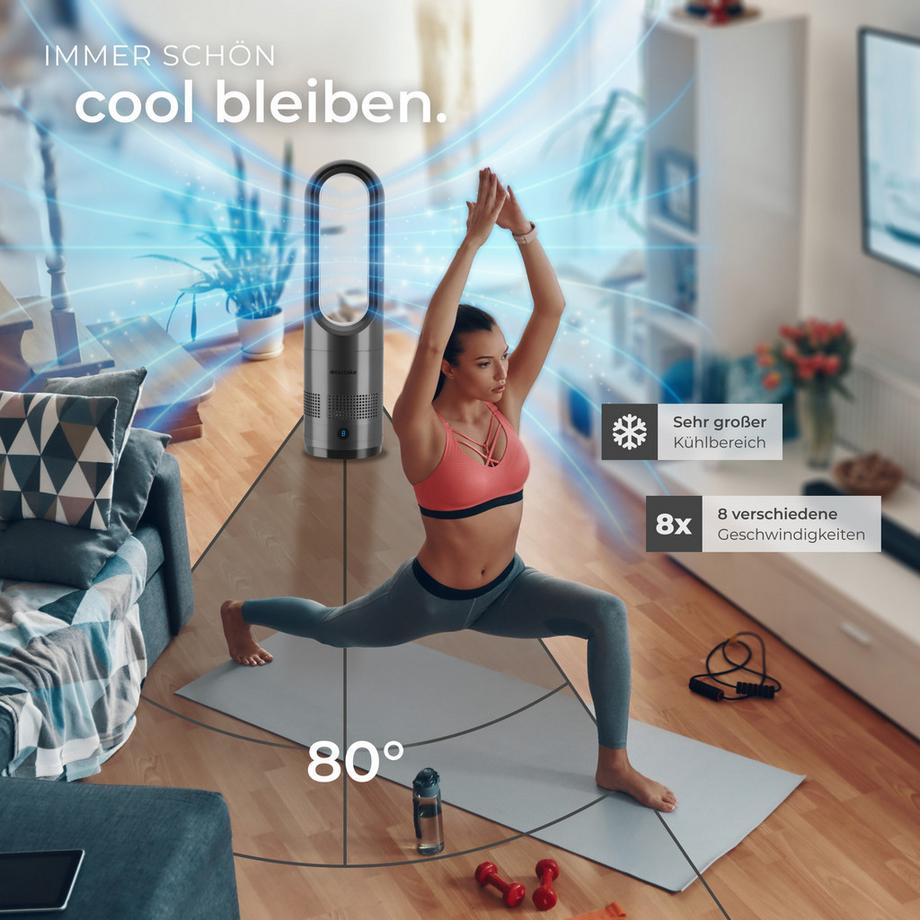 Tectake Turmventilator Polar 80° Oszillation, 20 W 8 Geschwindigkeitsstufen, Maximal- und Schlafmodus  