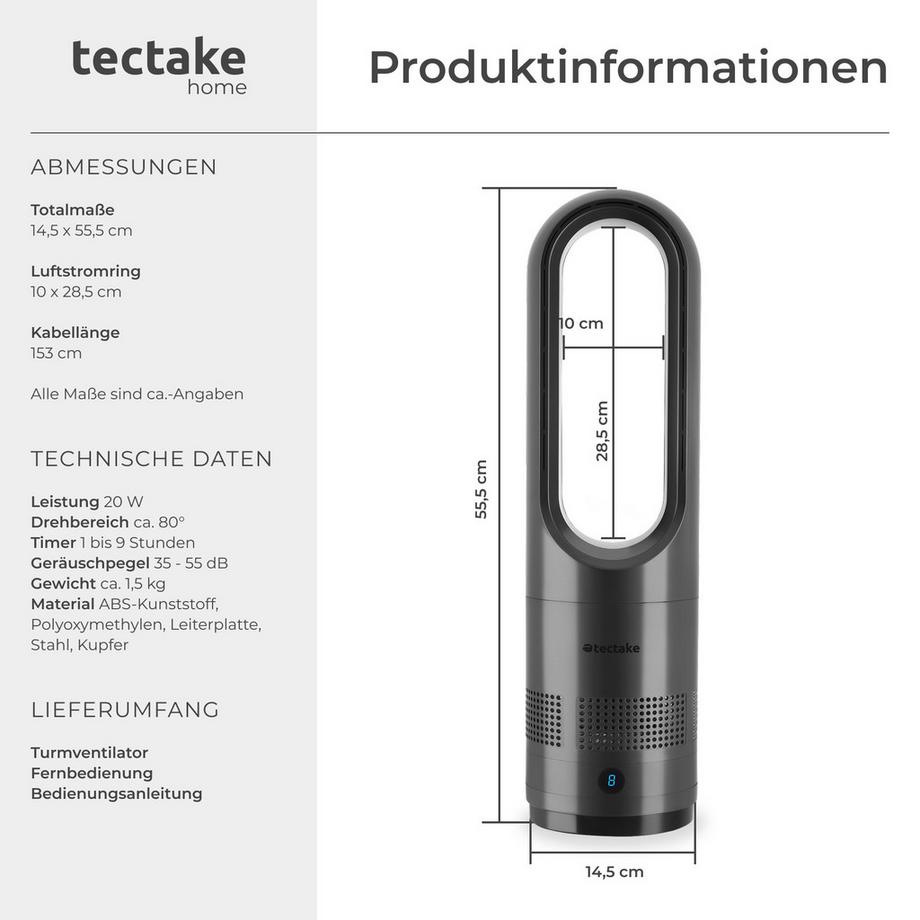 Tectake Turmventilator Polar 80° Oszillation, 20 W 8 Geschwindigkeitsstufen, Maximal- und Schlafmodus  