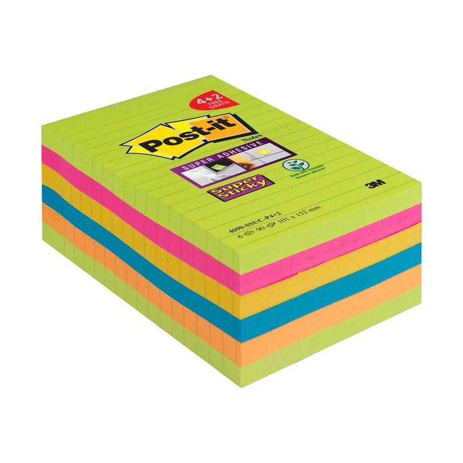 POST-IT Super Sticky XXL 101x152mm 4690-SSUC-P4 6x90 Blatt, 4+2, liniert