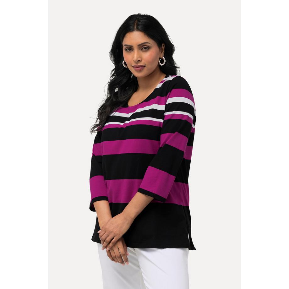 Ulla Popken T-shirt Rayures Col Rond Manches 3/4 Coton Pima  