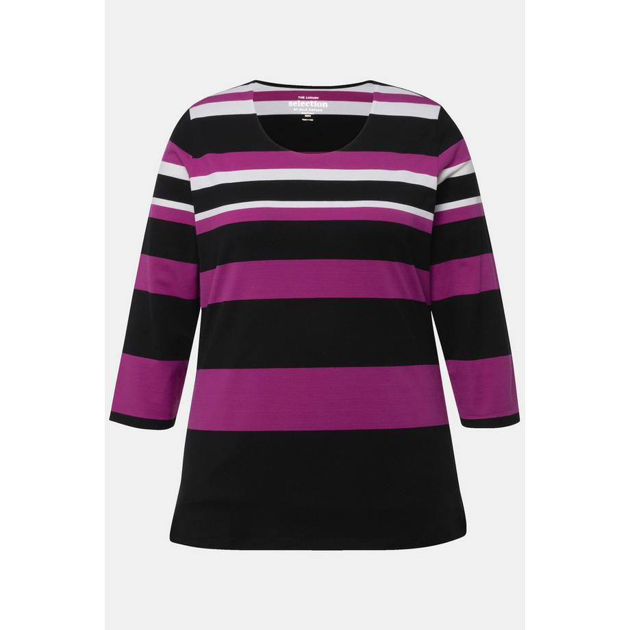 Ulla Popken T-shirt Rayures Col Rond Manches 3/4 Coton Pima  
