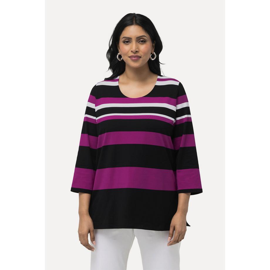 Ulla Popken T-shirt Rayures Col Rond Manches 3/4 Coton Pima  