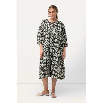 Robe midi, détails en dentelle, col tunisien et manches 3/4