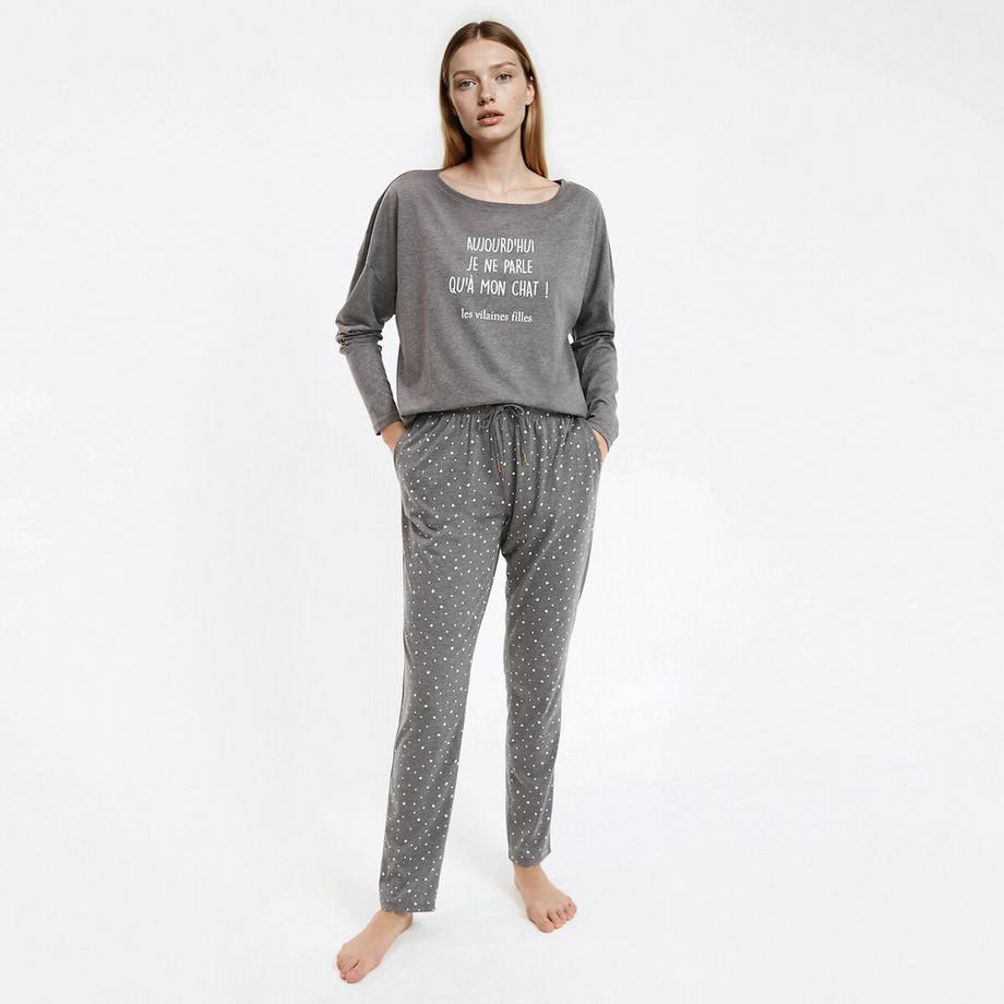 SO'HOME Ensemble Pyjama Haut Slogan Chat Bas Pois  