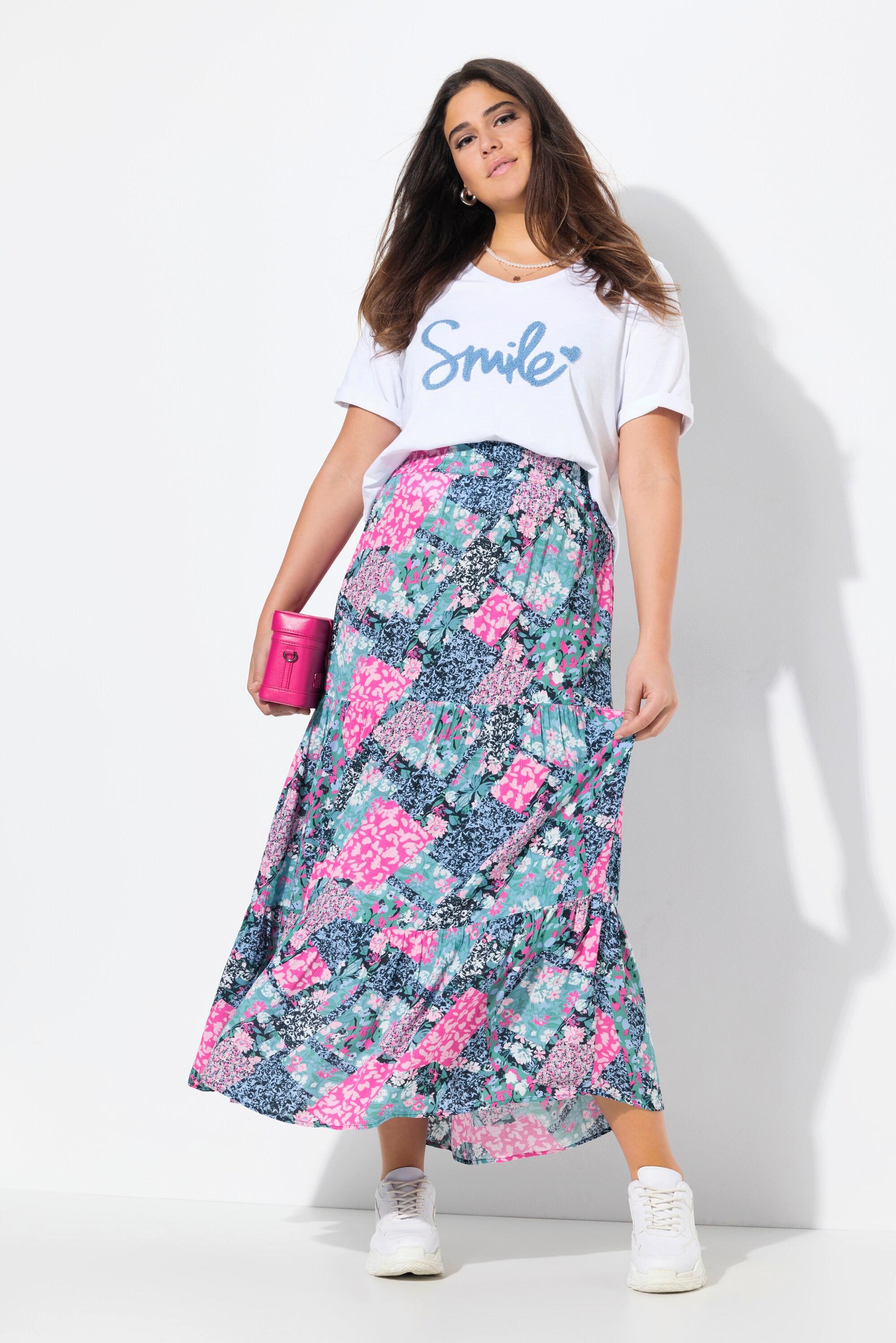 Ulla Popken Stufen Midirock Blüten A-Linie Elastikbund  