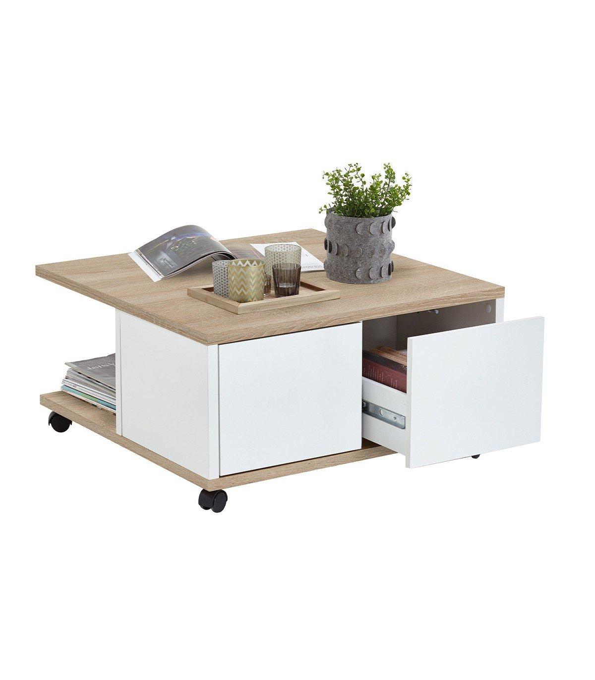 Calicosy Table Basse sur Roulettes 2 Tiroirs 2 Niches L70 cm - Twin  