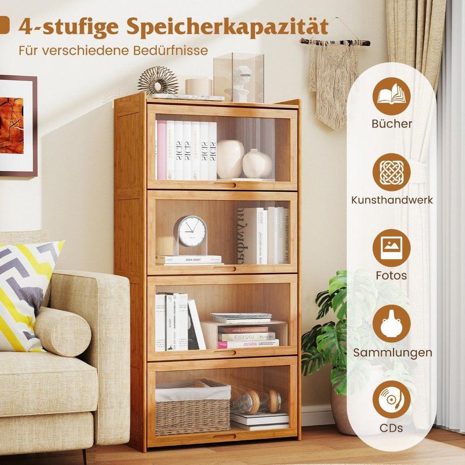 Northio 4-stöckiges Bücherregal mit Acryltüren Vitrinenschrank aus Bambus  