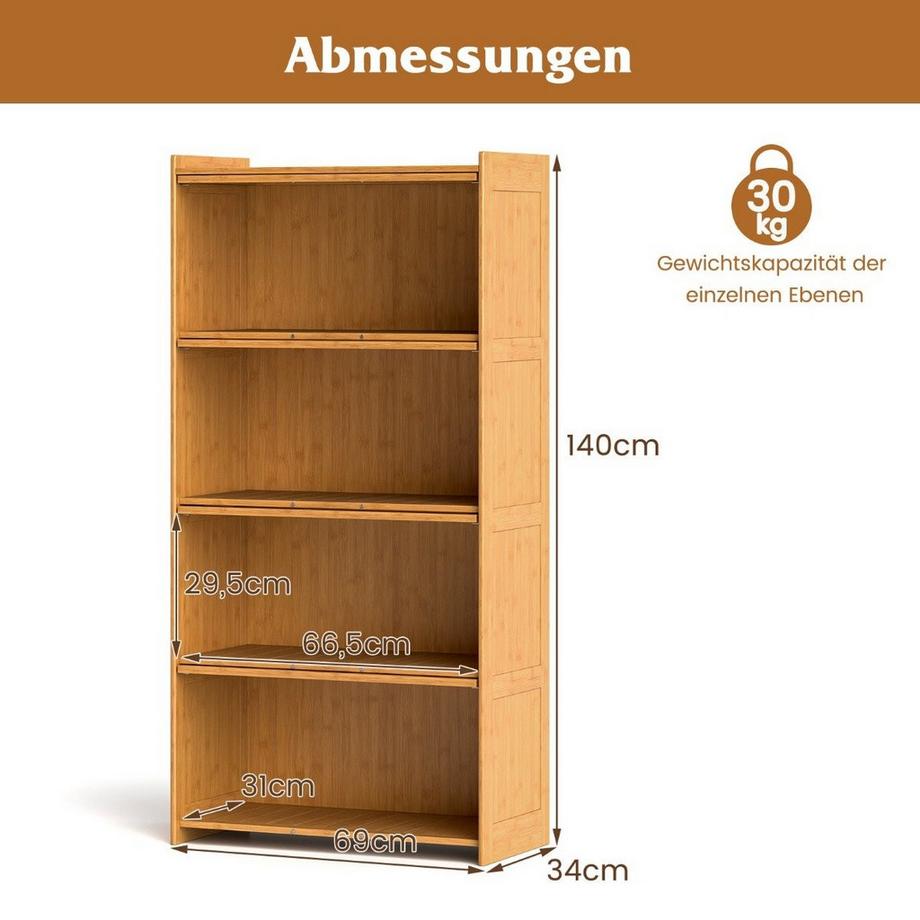 Northio 4-stöckiges Bücherregal mit Acryltüren Vitrinenschrank aus Bambus  