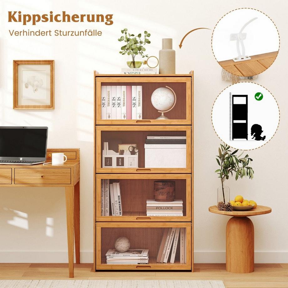Northio 4-stöckiges Bücherregal mit Acryltüren Vitrinenschrank aus Bambus  