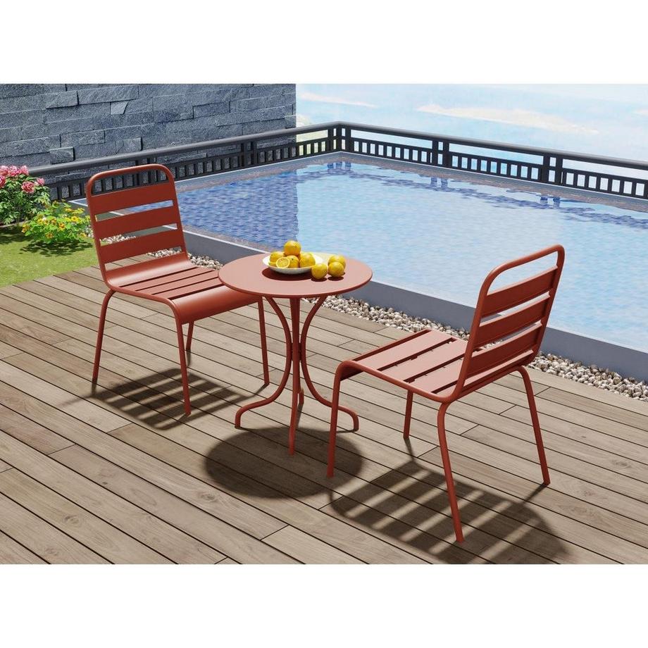 Salle à manger de jardin en métal - une table D.60cm et 2 chaises empilables - Terracotta - MIRMANDE de MYLIA