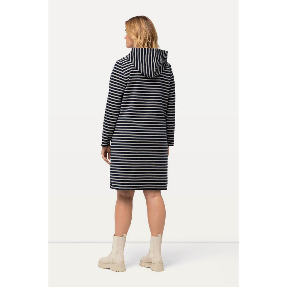 Ulla Popken Fleece Ringel Kapuze V-Ausschnitt Langarm Kleid  