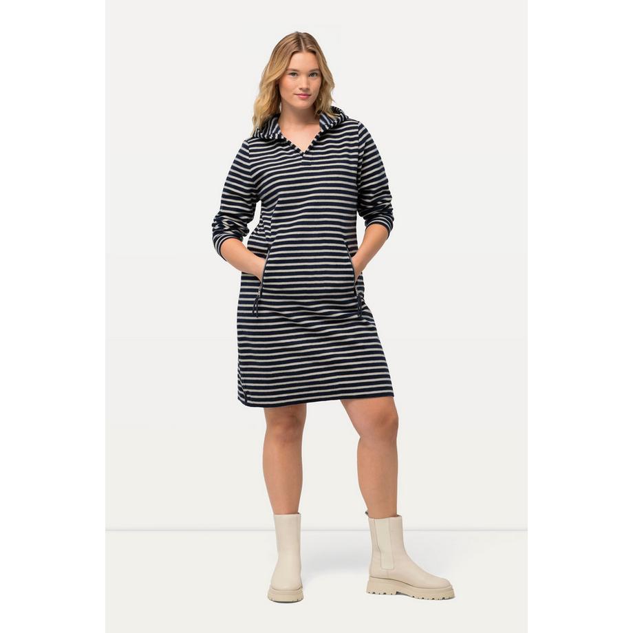 Ulla Popken Fleece Ringel Kapuze V-Ausschnitt Langarm Kleid  