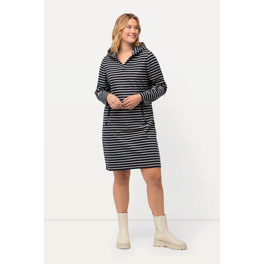 Ulla Popken Fleece Ringel Kapuze V-Ausschnitt Langarm Kleid  