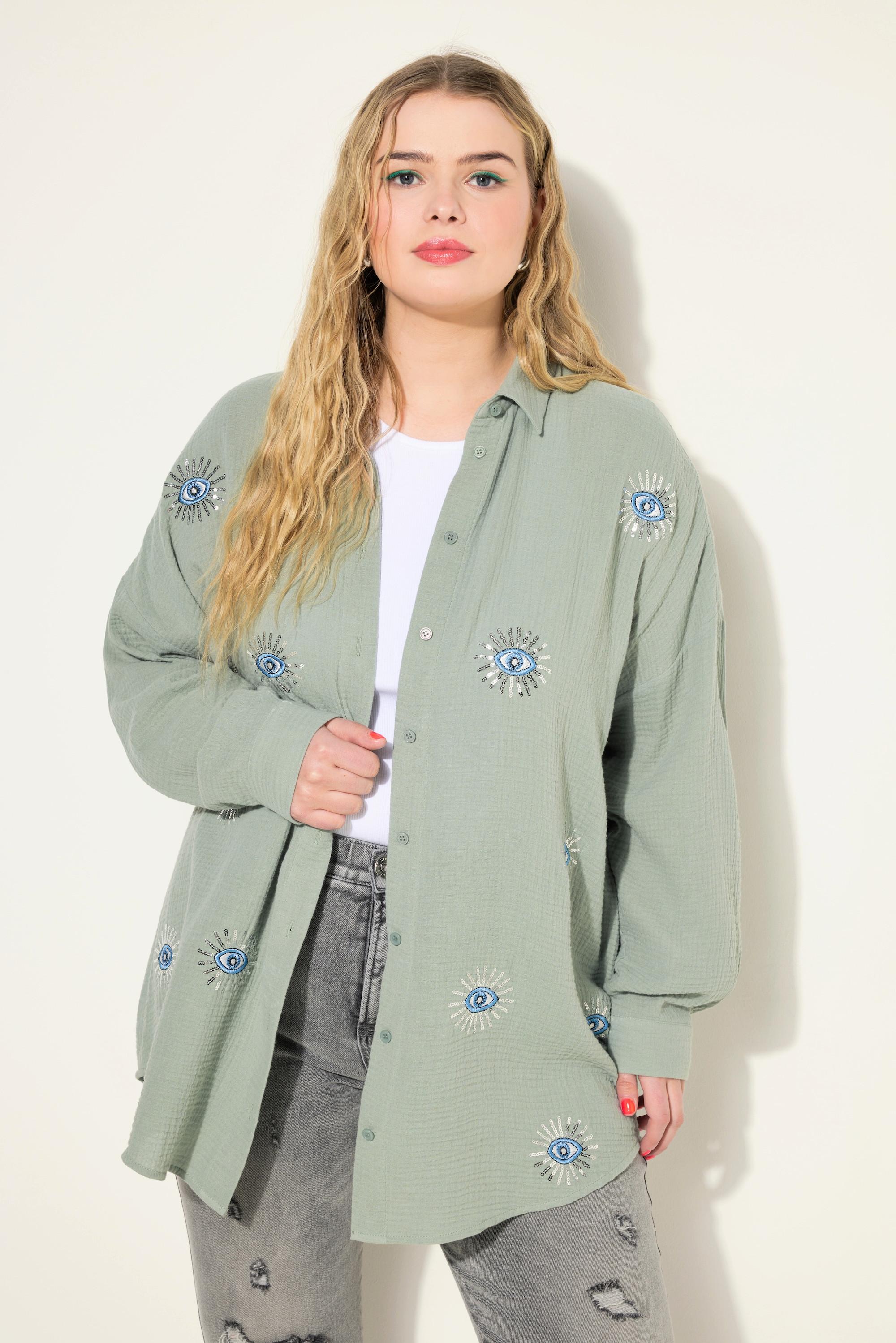 Studio Untold  Bluse, oversized, Musselin, Augen-Stickerei, Langarm 