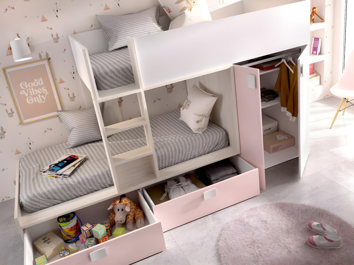 Vente-unique Etagenbett mit Kleiderschrank 2 Eiche Rosa JUANITO  