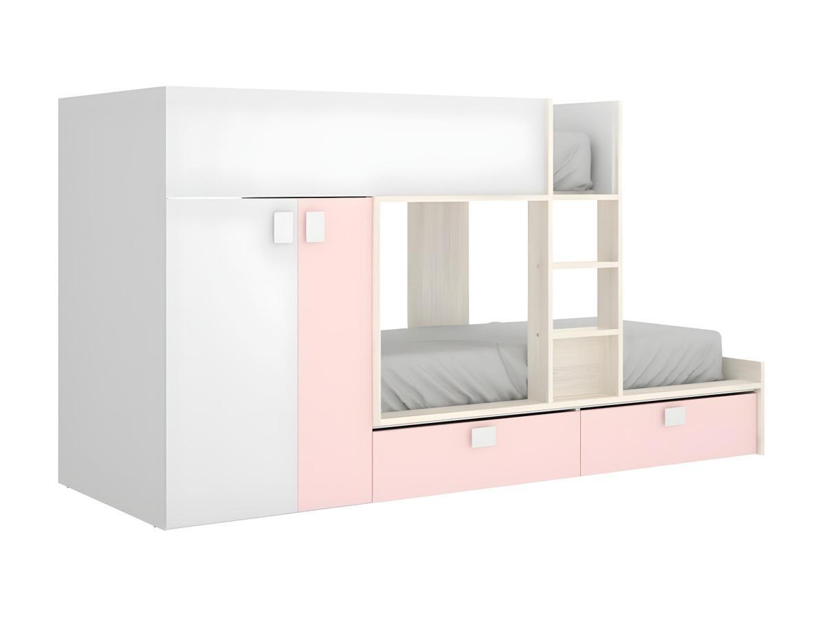 Vente-unique Letto a castello Armadio integrato 2 Bianco Rovere e Rosa JUANITO  