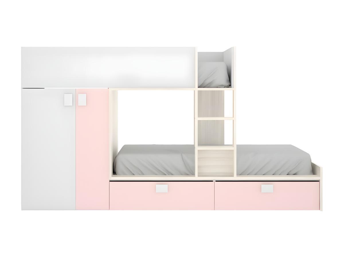 Vente-unique Letto a castello Armadio integrato 2 Bianco Rovere e Rosa JUANITO  