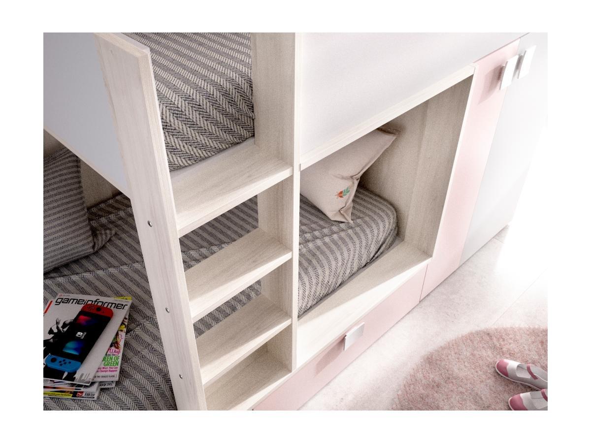 Vente-unique Letto a castello Armadio integrato 2 Bianco Rovere e Rosa JUANITO  