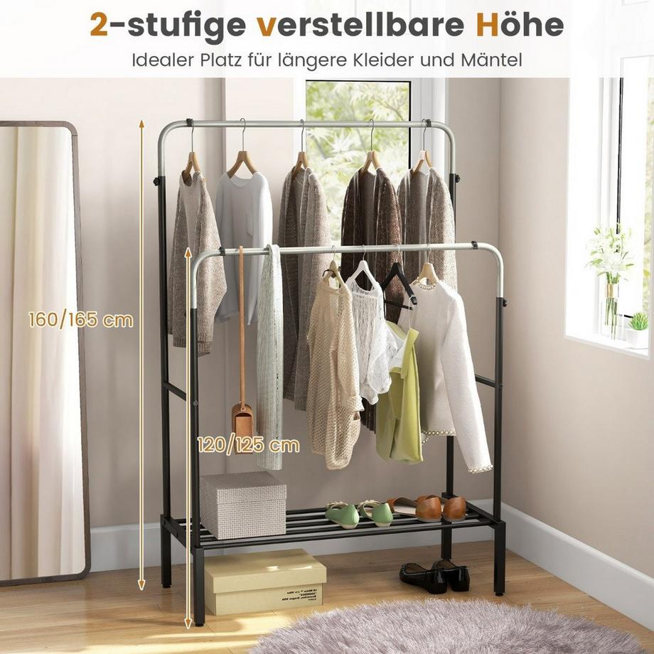 Northix Kleiderständer mit 2 Kleiderstangen Garderobenständer doppelt mit verstellbaren Höhen Schwarz + Silber  