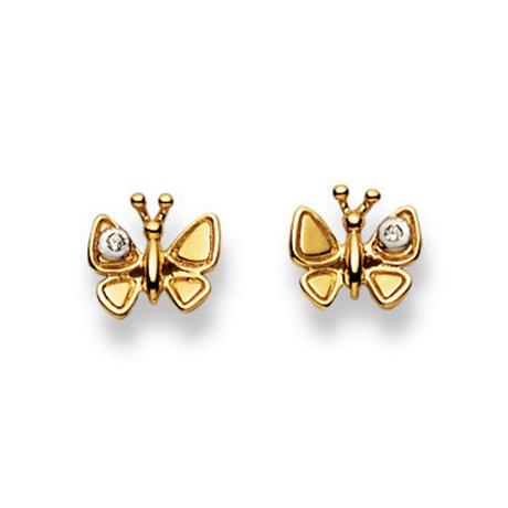 MUAU Schmuck  Clous d'oreilles papillon bicolore or jaune/blanc 750 zircone 8mm 