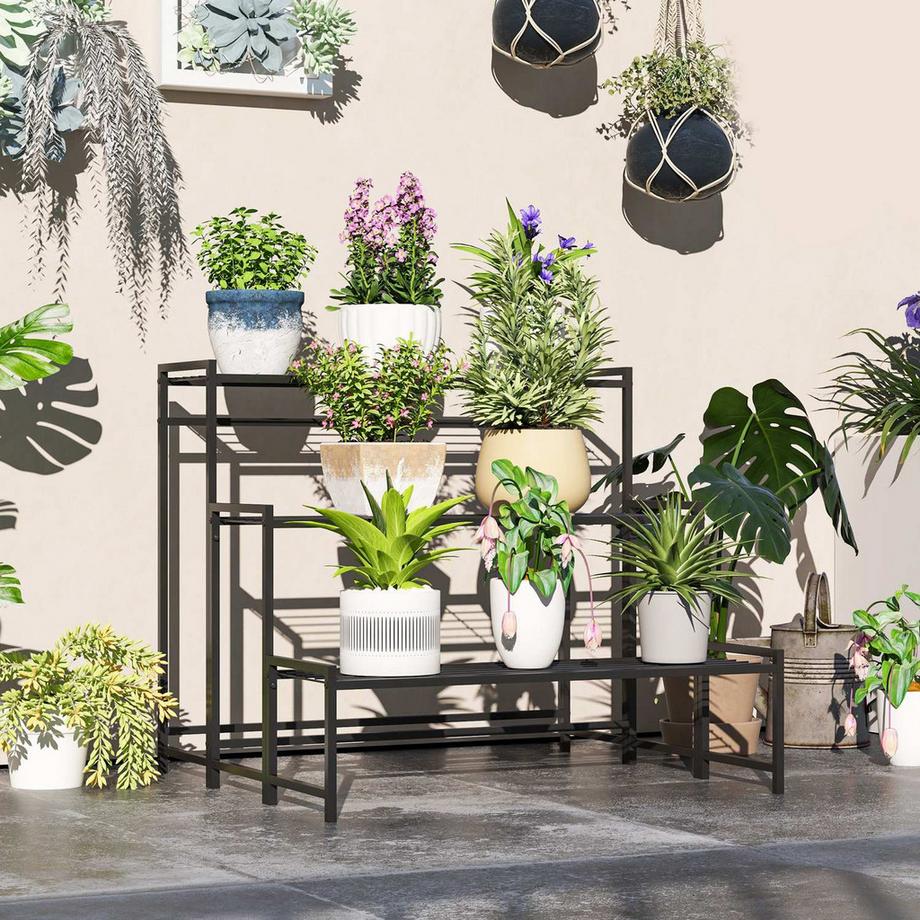 Northio 3-Etagen Pflanzenständer, Blumenständer für Innen Außen, Pflanzenregal aus Metall, mehrstöckig Blumenregal, 66 cm hoch Blumentreppe für Wohnzimmer, Garten Balkon Deko, Schwarz  