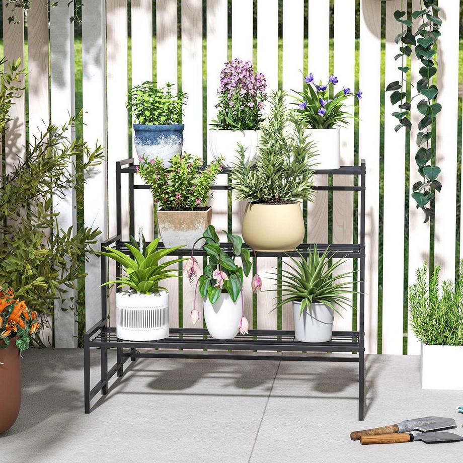 Northio 3-Etagen Pflanzenständer, Blumenständer für Innen Außen, Pflanzenregal aus Metall, mehrstöckig Blumenregal, 66 cm hoch Blumentreppe für Wohnzimmer, Garten Balkon Deko, Schwarz  