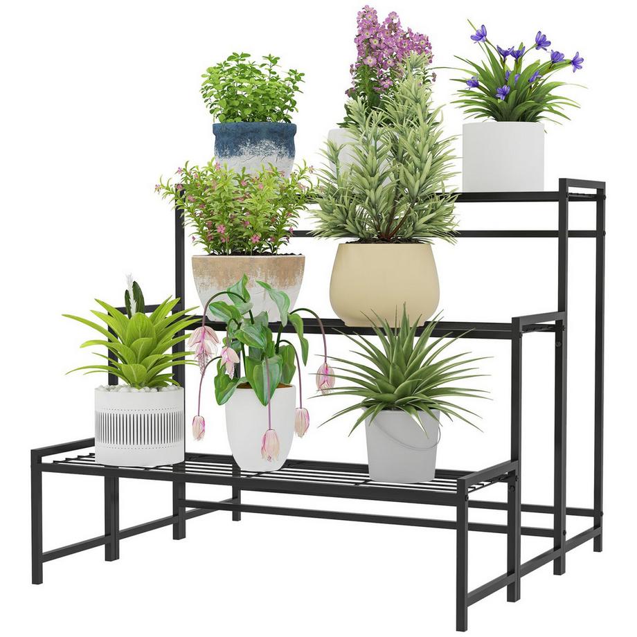 3-Etagen Pflanzenständer, Blumenständer für Innen Außen, Pflanzenregal aus Metall, mehrstöckig Blumenregal, 66 cm hoch Blumentreppe für Wohnzimmer, Garten Balkon Deko, Schwarz