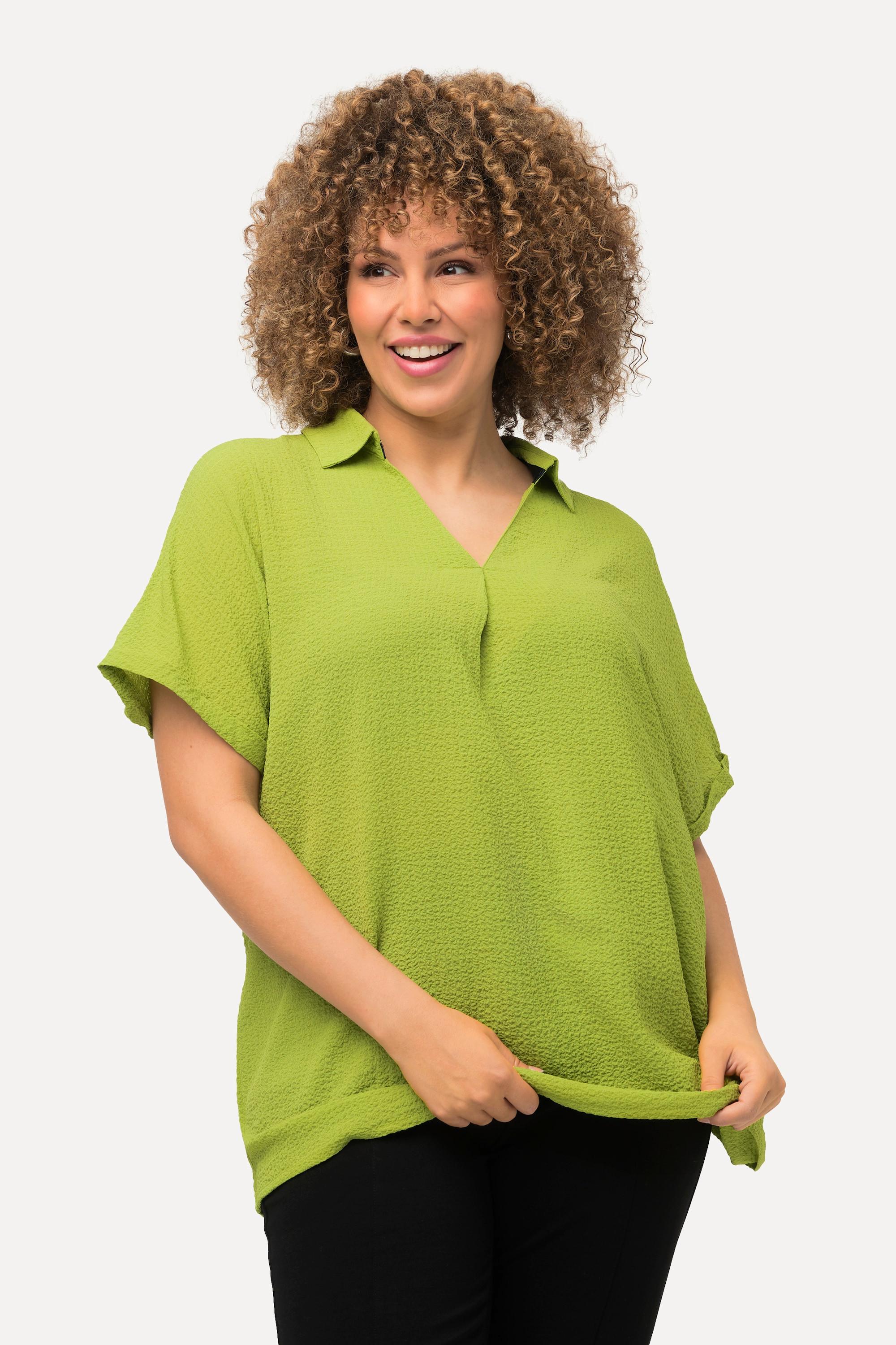 Ulla Popken  Blouse à manches courtes et col chemise, tissu texturé, ligne en A 