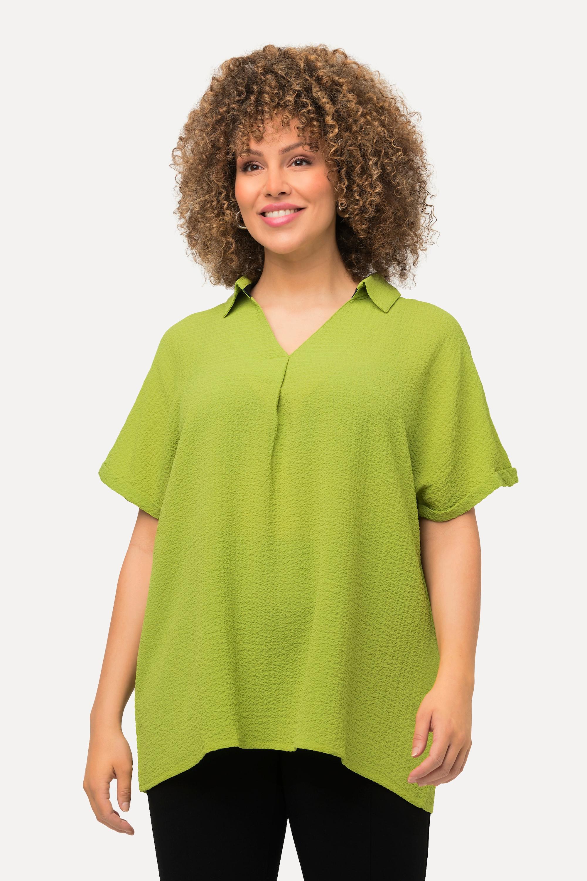 Ulla Popken  Blouse à manches courtes et col chemise, tissu texturé, ligne en A 