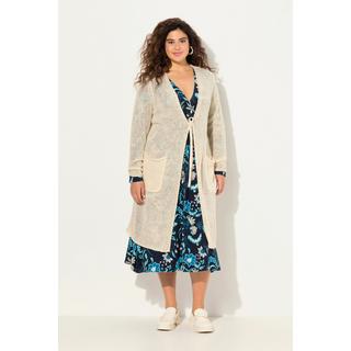 Ulla Popken  Long cardigan à encolure en V, cordon et manches longues. Bords roulottés. 