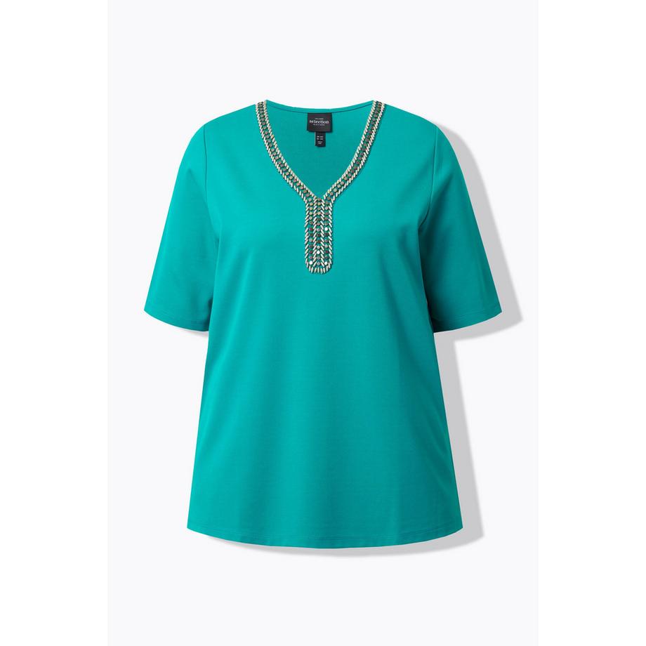 Ulla Popken T-shirt Scollo Decorato Taglio Svasato Mezze Maniche  