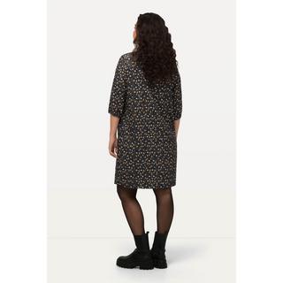 Ulla Popken  Robe en velours côtelé, ligne en A à col chemise et manches 3/4, motif à fleurs 