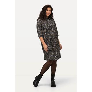 Ulla Popken  Robe en velours côtelé, ligne en A à col chemise et manches 3/4, motif à fleurs 