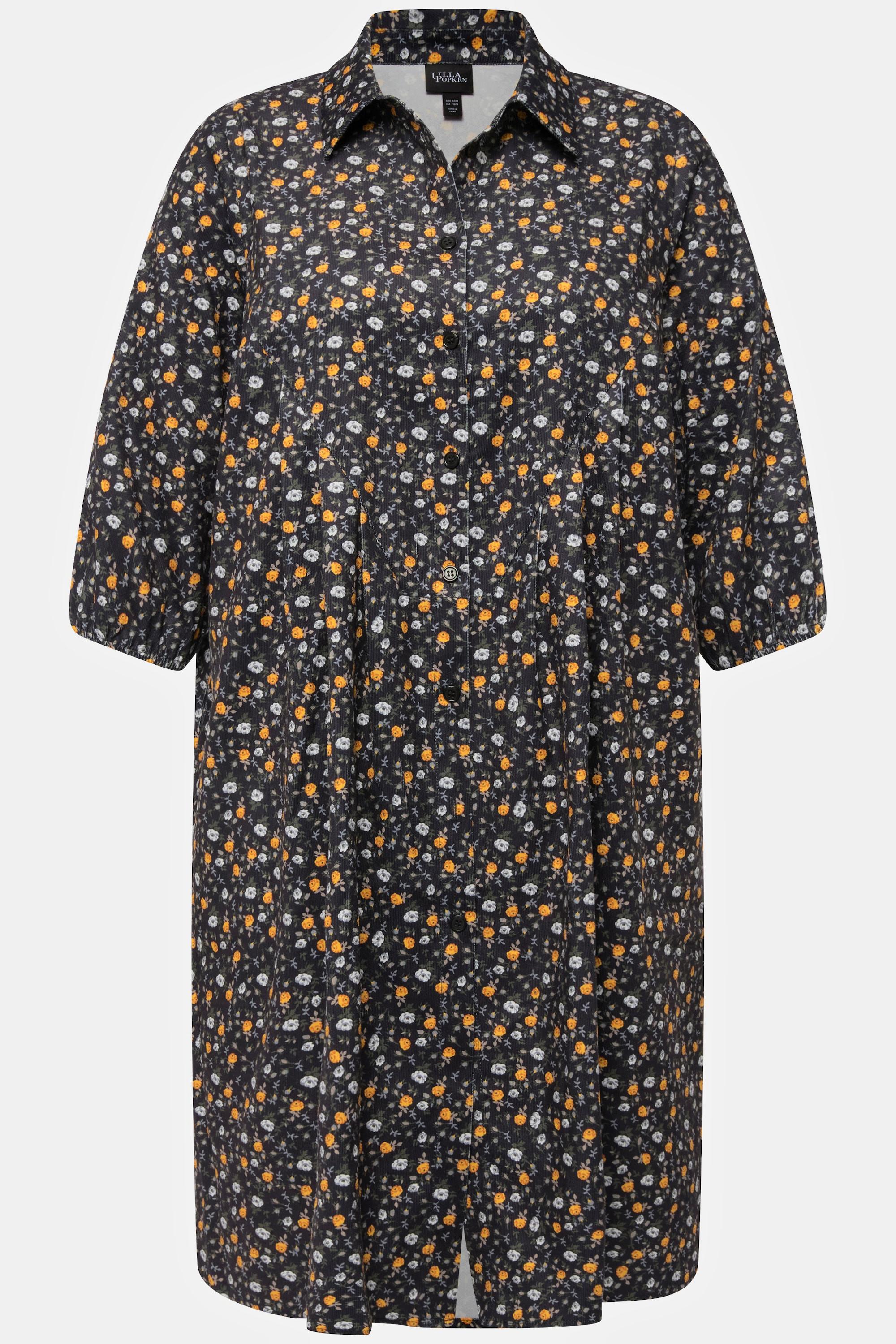 Ulla Popken  Robe en velours côtelé, ligne en A à col chemise et manches 3/4, motif à fleurs 