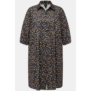 Ulla Popken  Robe en velours côtelé, ligne en A à col chemise et manches 3/4, motif à fleurs 