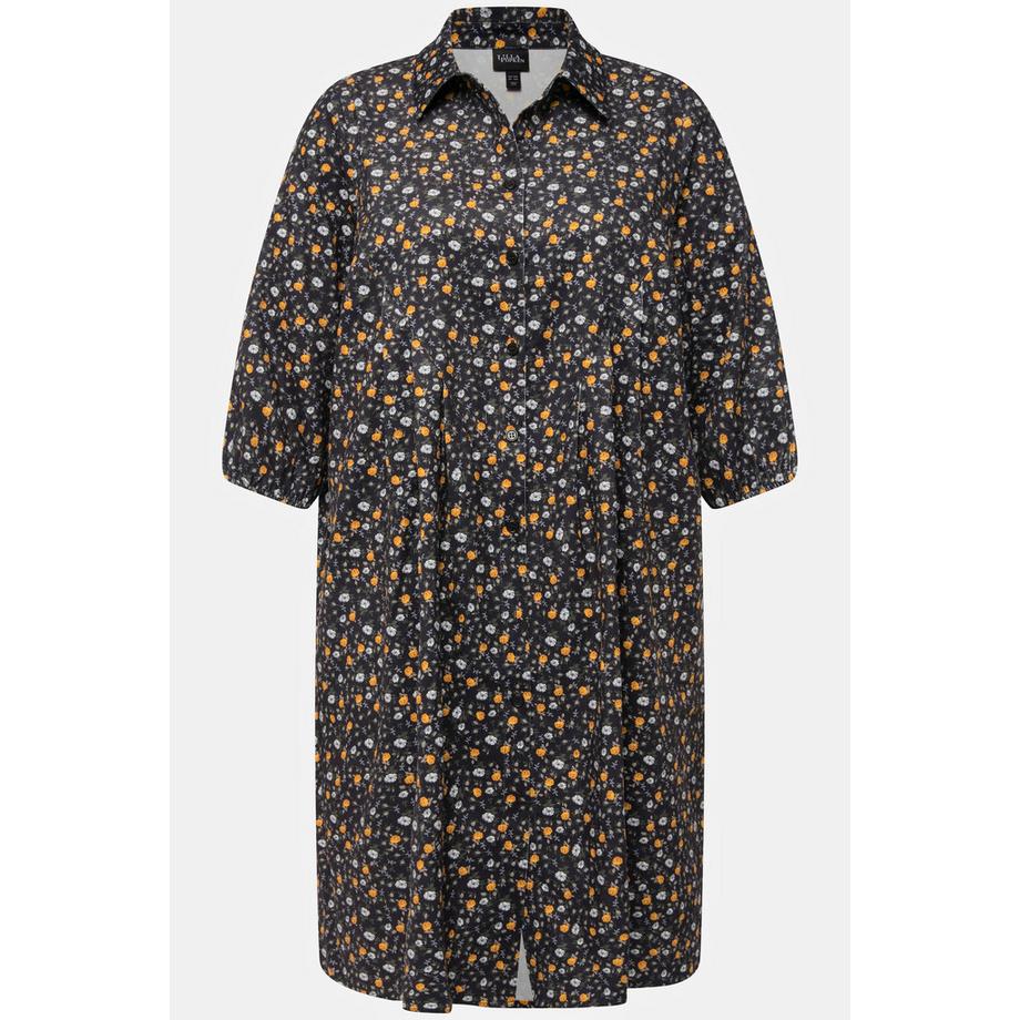 Ulla Popken Robe en velours côtelé à fleurs Ligne A Col Chemise Manches 3/4  