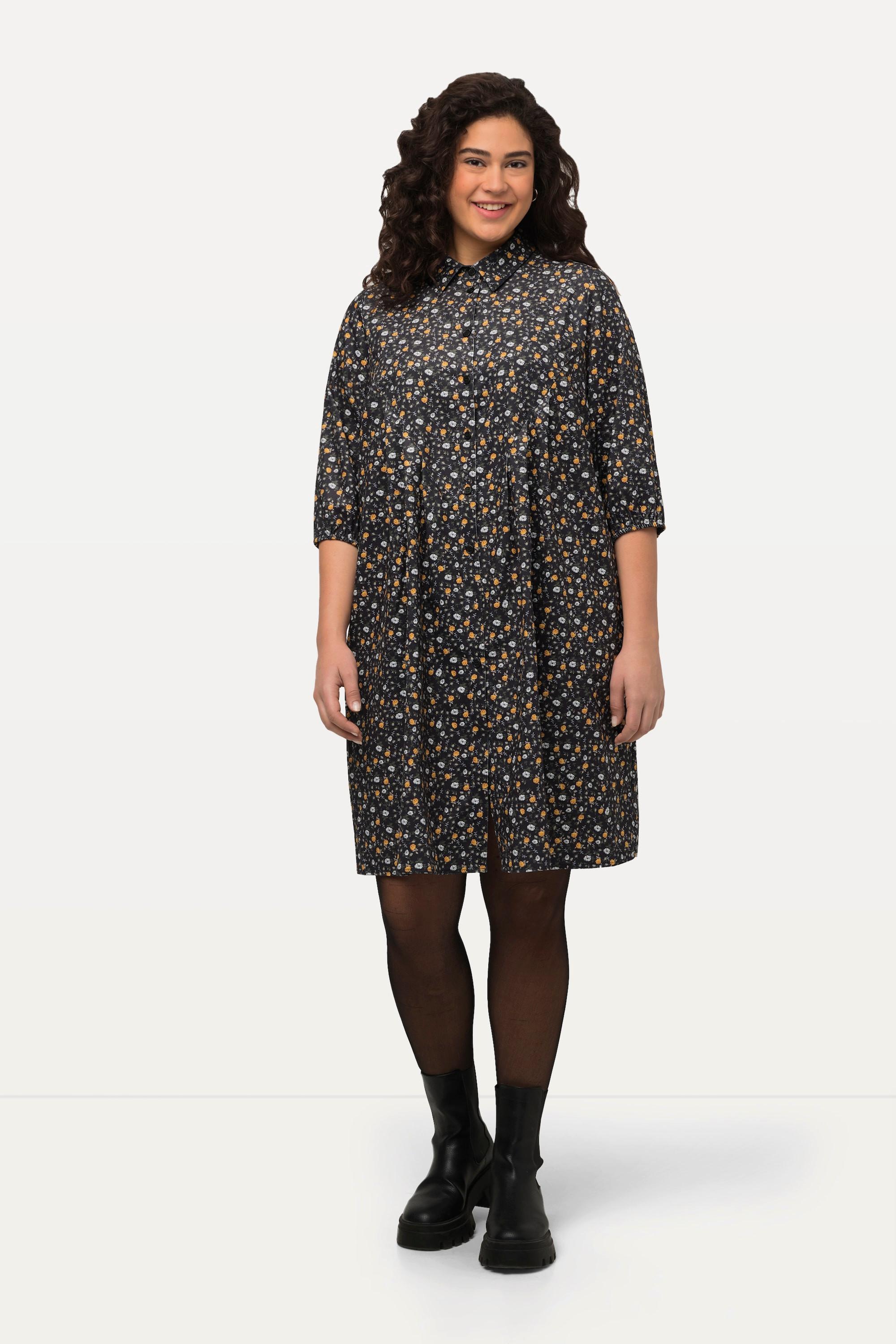 Ulla Popken  Robe en velours côtelé, ligne en A à col chemise et manches 3/4, motif à fleurs 