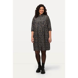 Ulla Popken  Robe en velours côtelé, ligne en A à col chemise et manches 3/4, motif à fleurs 