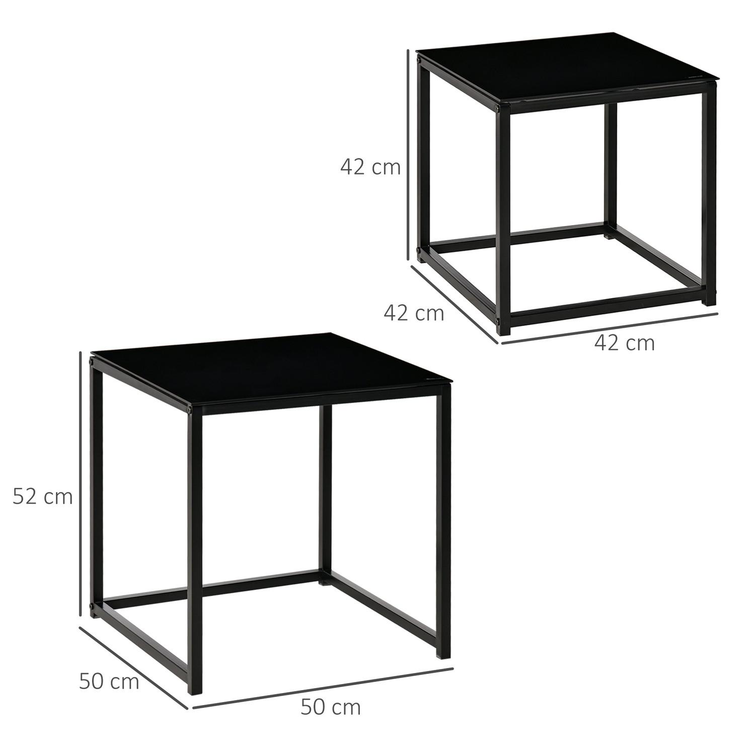 Northio Beistelltisch 2er-Set, Couchtisch-Set, Kaffeetisch mit Glastischplatte, Quadratischer Sofatisch Satztisch, Stahl, Schwarz  