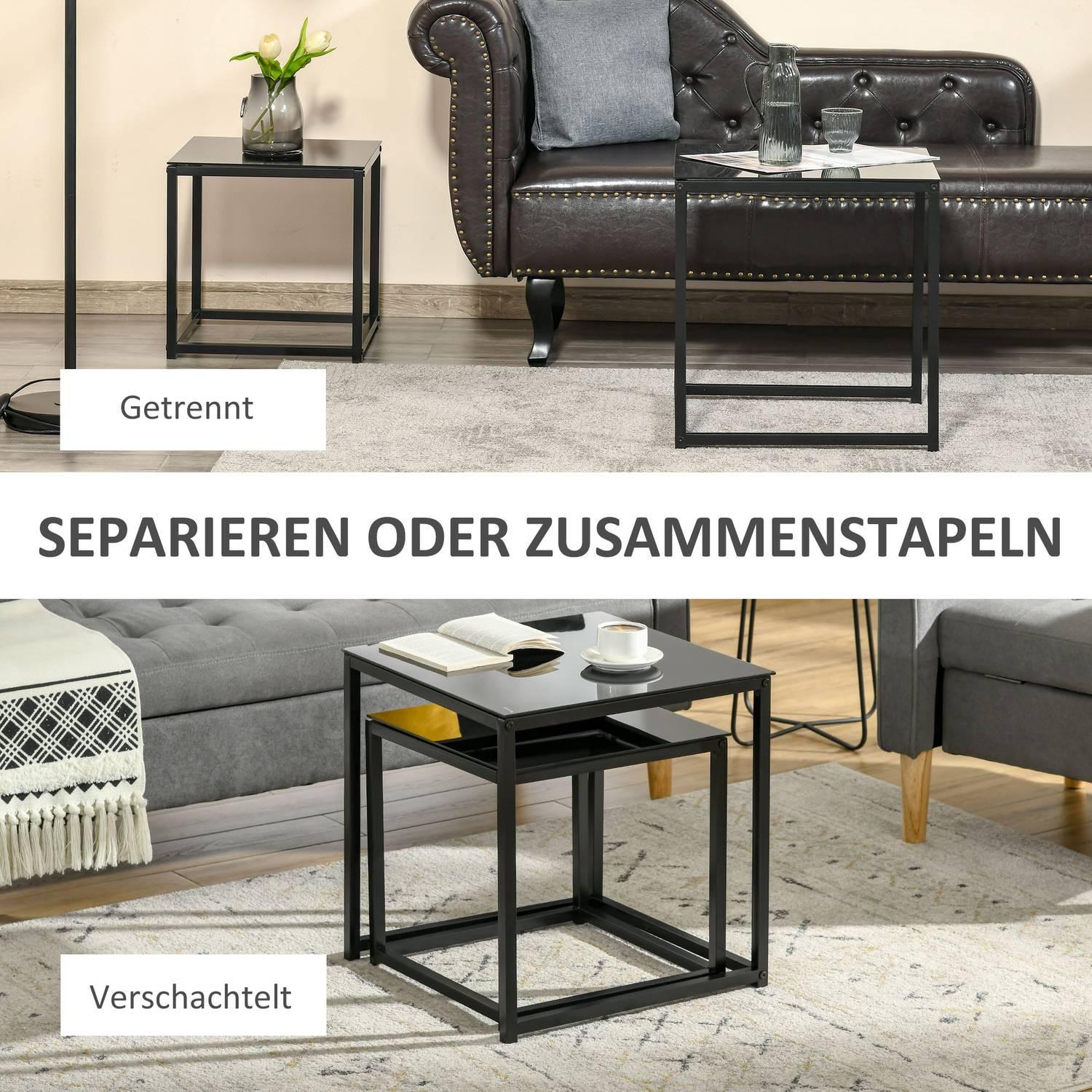 Northio Beistelltisch 2er-Set, Couchtisch-Set, Kaffeetisch mit Glastischplatte, Quadratischer Sofatisch Satztisch, Stahl, Schwarz  