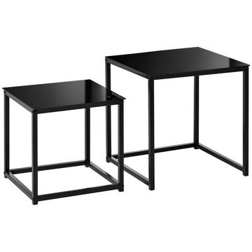 Beistelltisch 2er-Set, Couchtisch-Set, Kaffeetisch mit Glastischplatte, Quadratischer Sofatisch Satztisch, Stahl, Schwarz