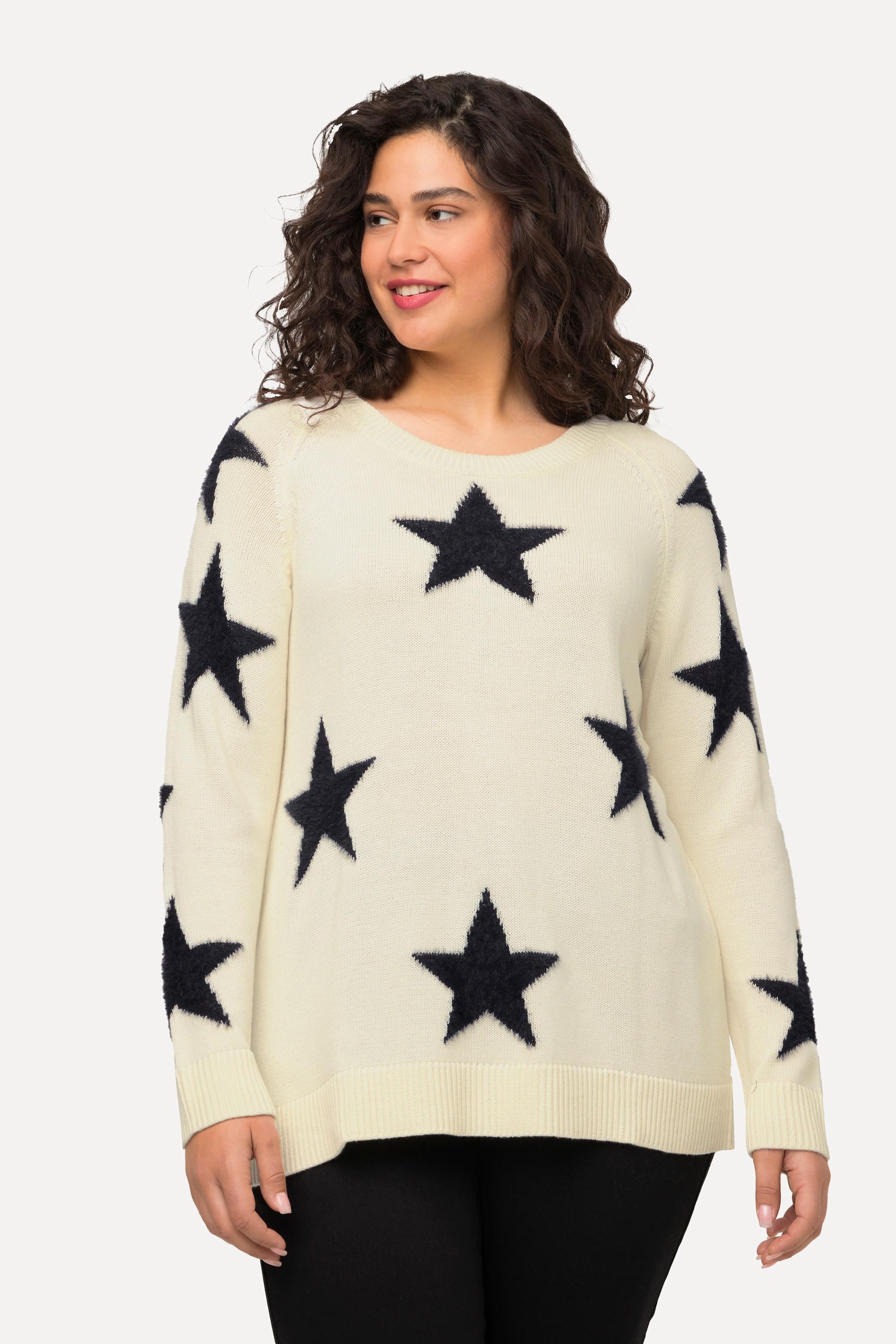 Ulla Popken  Maglione con stelle soffici, scollo a girocollo e maniche lunghe 