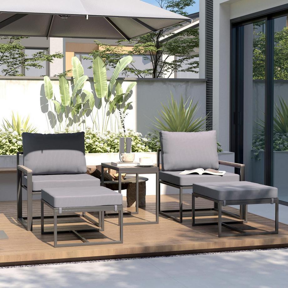 Northio  Gartenmöbel Set 2 Personen Stahl wetterfest Balkonmöbel-Set mit 2 Sessel Sitzkissen Beistelltisch Hocker Outdoor Sitzgruppe Terrassenmöbel Gartengarnitur für Garten Terrasse Balkon Grau Aosom 