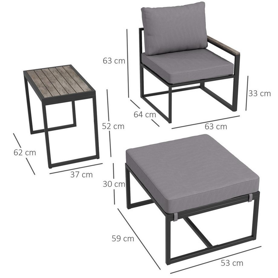 Northio  Gartenmöbel Set 2 Personen Stahl wetterfest Balkonmöbel-Set mit 2 Sessel Sitzkissen Beistelltisch Hocker Outdoor Sitzgruppe Terrassenmöbel Gartengarnitur für Garten Terrasse Balkon Grau Aosom 