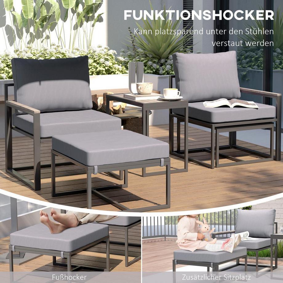 Northio  Gartenmöbel Set 2 Personen Stahl wetterfest Balkonmöbel-Set mit 2 Sessel Sitzkissen Beistelltisch Hocker Outdoor Sitzgruppe Terrassenmöbel Gartengarnitur für Garten Terrasse Balkon Grau Aosom 