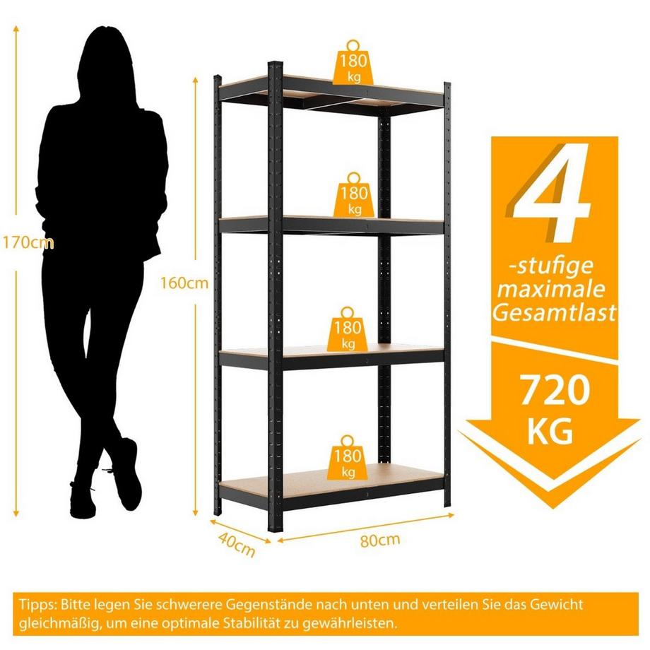 Northix 4 Ebenen Lagerregal mit Metallrahmen Schwerlastregal bis 720kg belastbar Metallregal Schwarz  