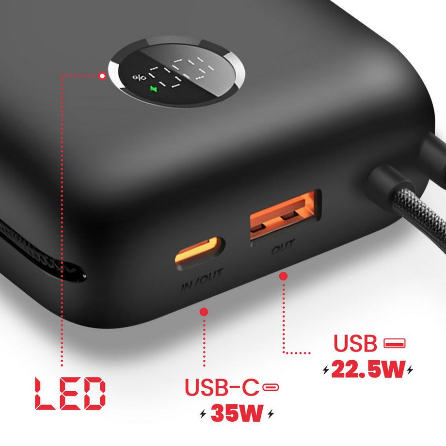 SWISSTEN  Batteria Esterna 30000mAh Cavi USB-C e Lightning Integrati Schermo LED 