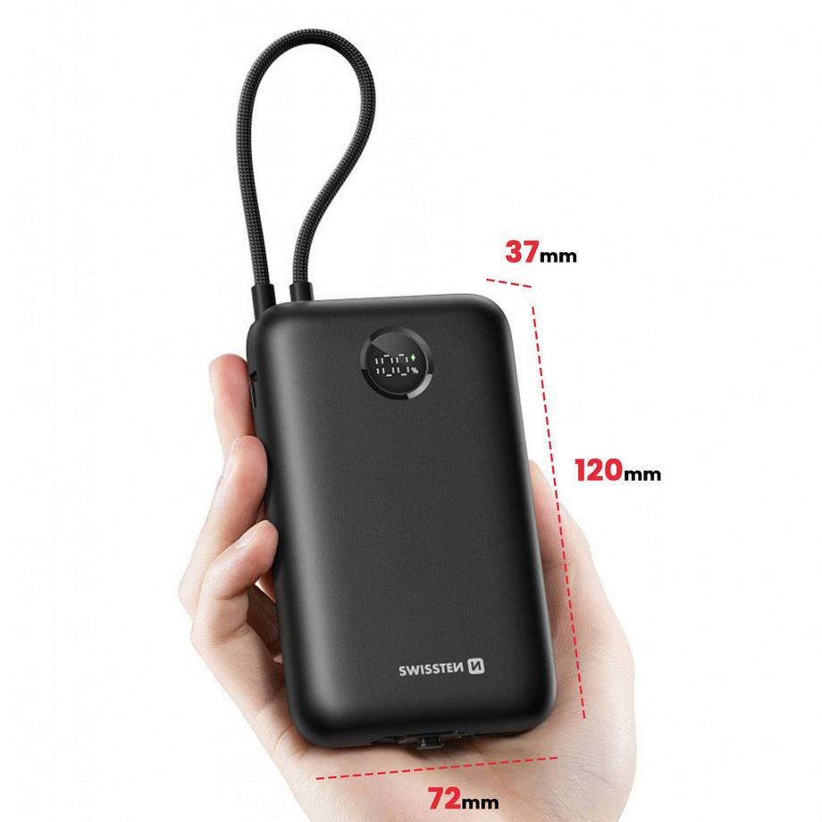 SWISSTEN  Batteria Esterna 30000mAh Cavi USB-C e Lightning Integrati Schermo LED 