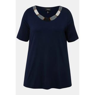 Ulla Popken  T-shirt dal taglio svasato con ricami con perline, scollo a girocollo e mezze maniche 