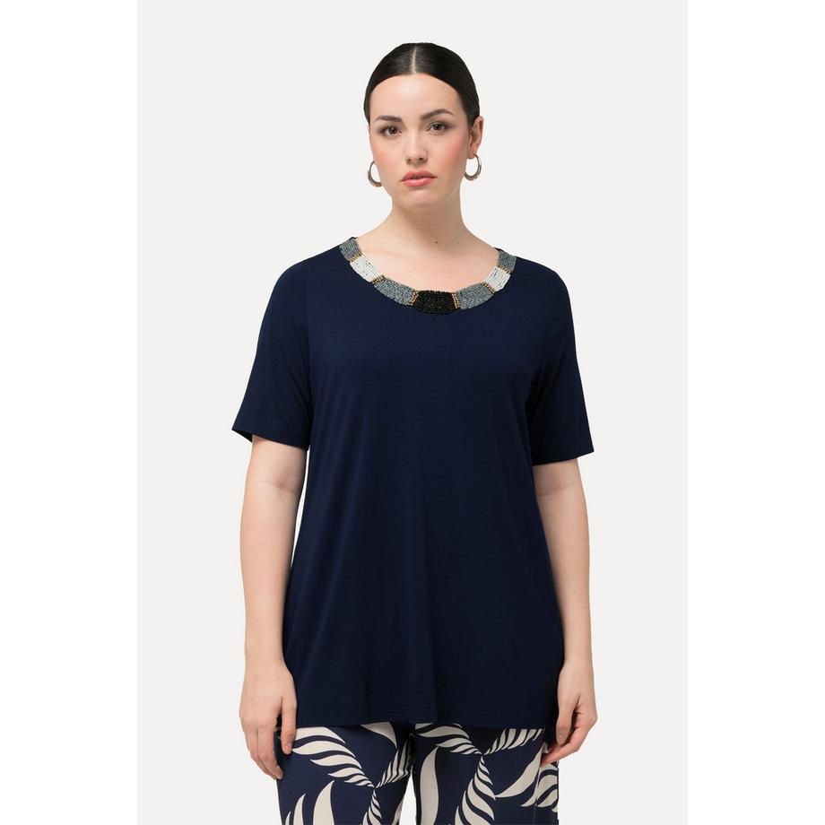 Ulla Popken T-shirt Ricamo con Perline Taglio Svasato Scollo a Girocollo Mezze Maniche  